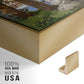 Close-up of the gold floater frame corner and gallery wrapped canvas construction.
