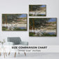 Size comparison chart for gold floater framed canvas featuring On the Bank of the Seine, Bennecourt, 1868 by Claude Monet.