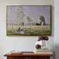 Gold floater framed canvas featuring Summer (L'ete), 1874 by Claude Monet above an entryway table in a minimalist foyer.