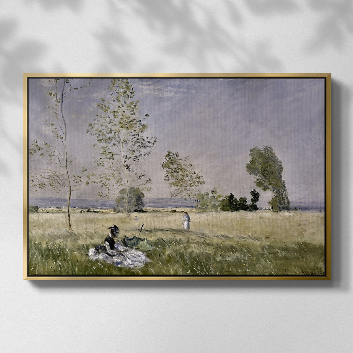 Front view of Summer (L'ete), 1874 by Claude Monet in a gold floater framed canvas.
