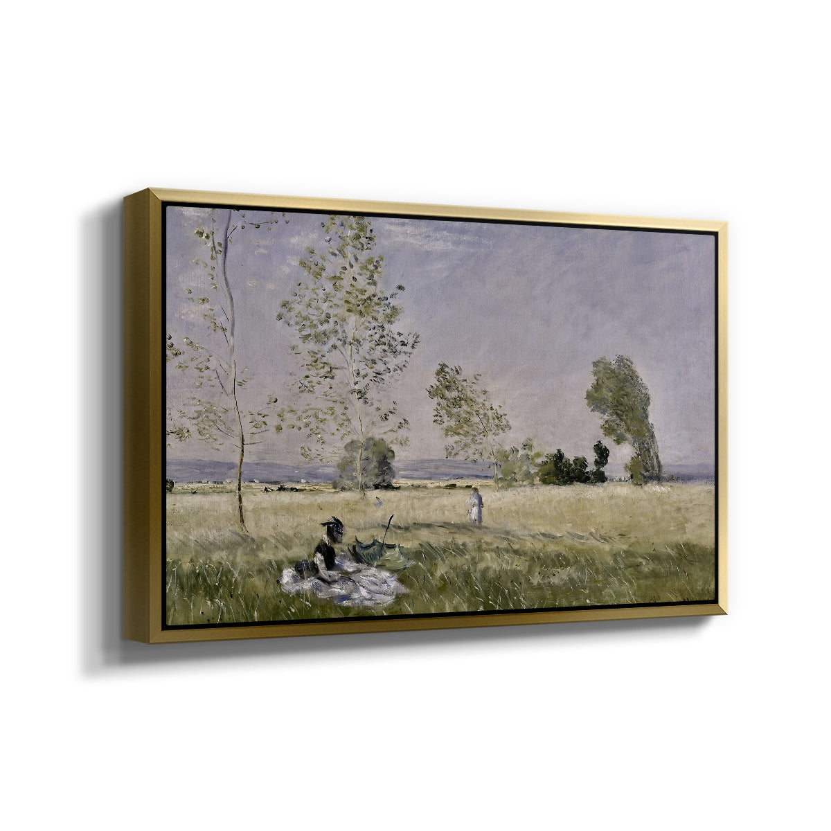 Angled view of Summer (L'ete), 1874 by Claude Monet in a gold floater framed canvas.