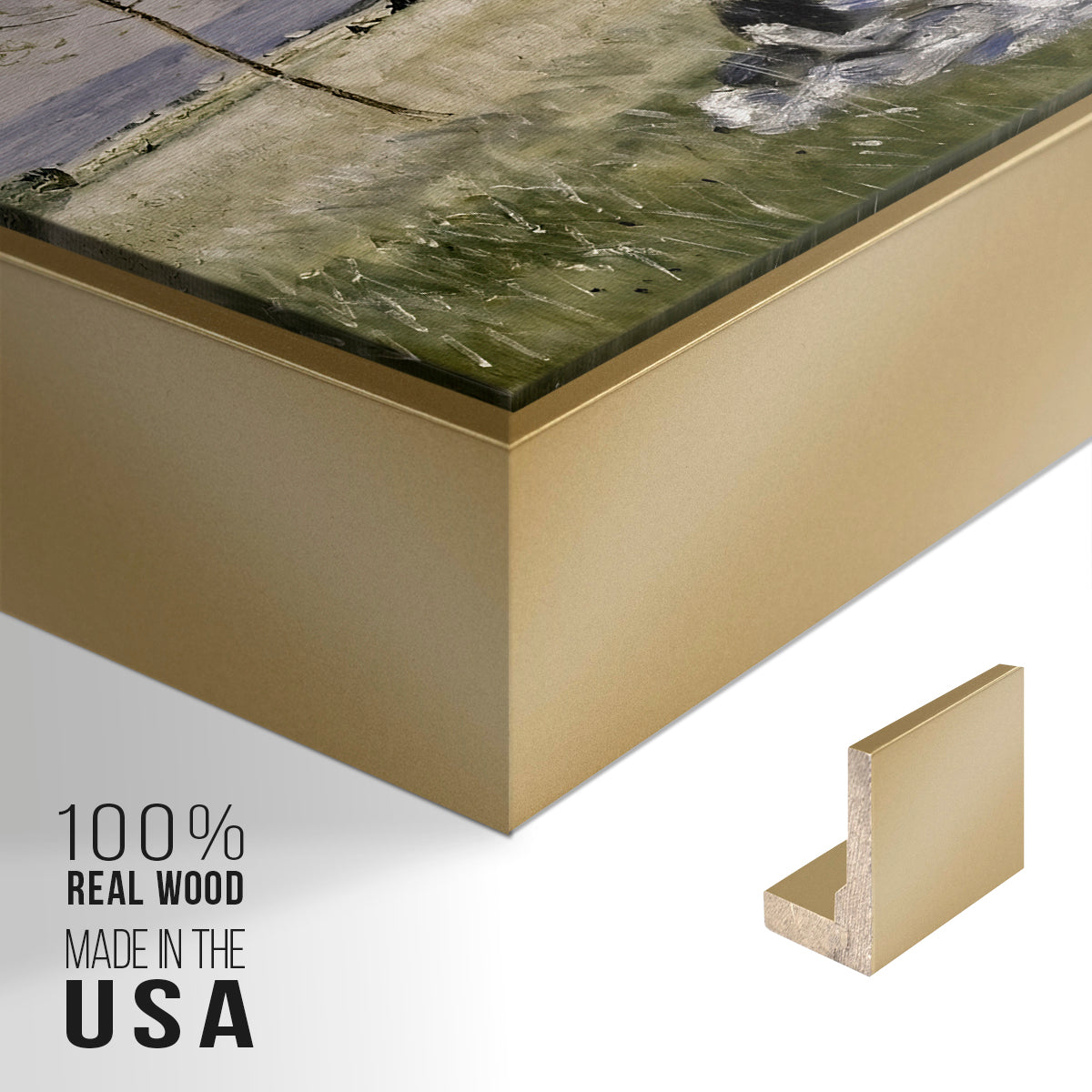 Close-up of the gold floater frame corner and gallery wrapped canvas construction.
