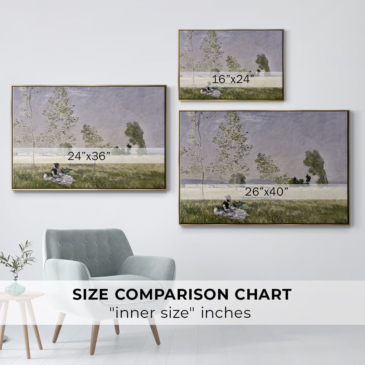 Size comparison chart for gold floater framed canvas featuring Summer (L'ete), 1874 by Claude Monet.