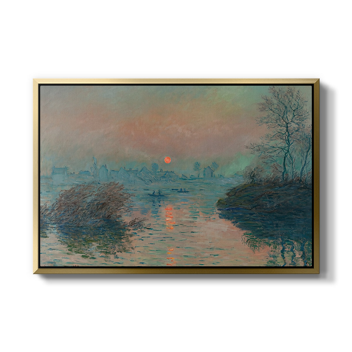 Sunset on the Seine at Lavacourt, Winter Effect, 1880 by Claude Monet in a gold floater framed canvas wall art display.