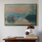 Gold floater framed canvas featuring Sunset on the Seine at Lavacourt, Winter Effect, 1880 by Claude Monet above an entryway table in a minimalist foyer.