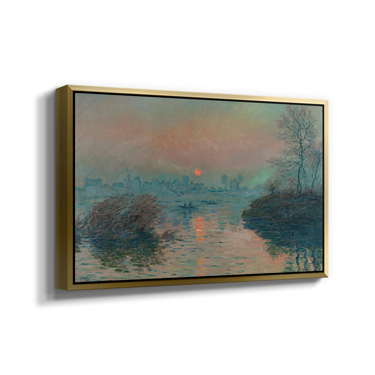 Angled view of Sunset on the Seine at Lavacourt, Winter Effect, 1880 by Claude Monet in a gold floater framed canvas.