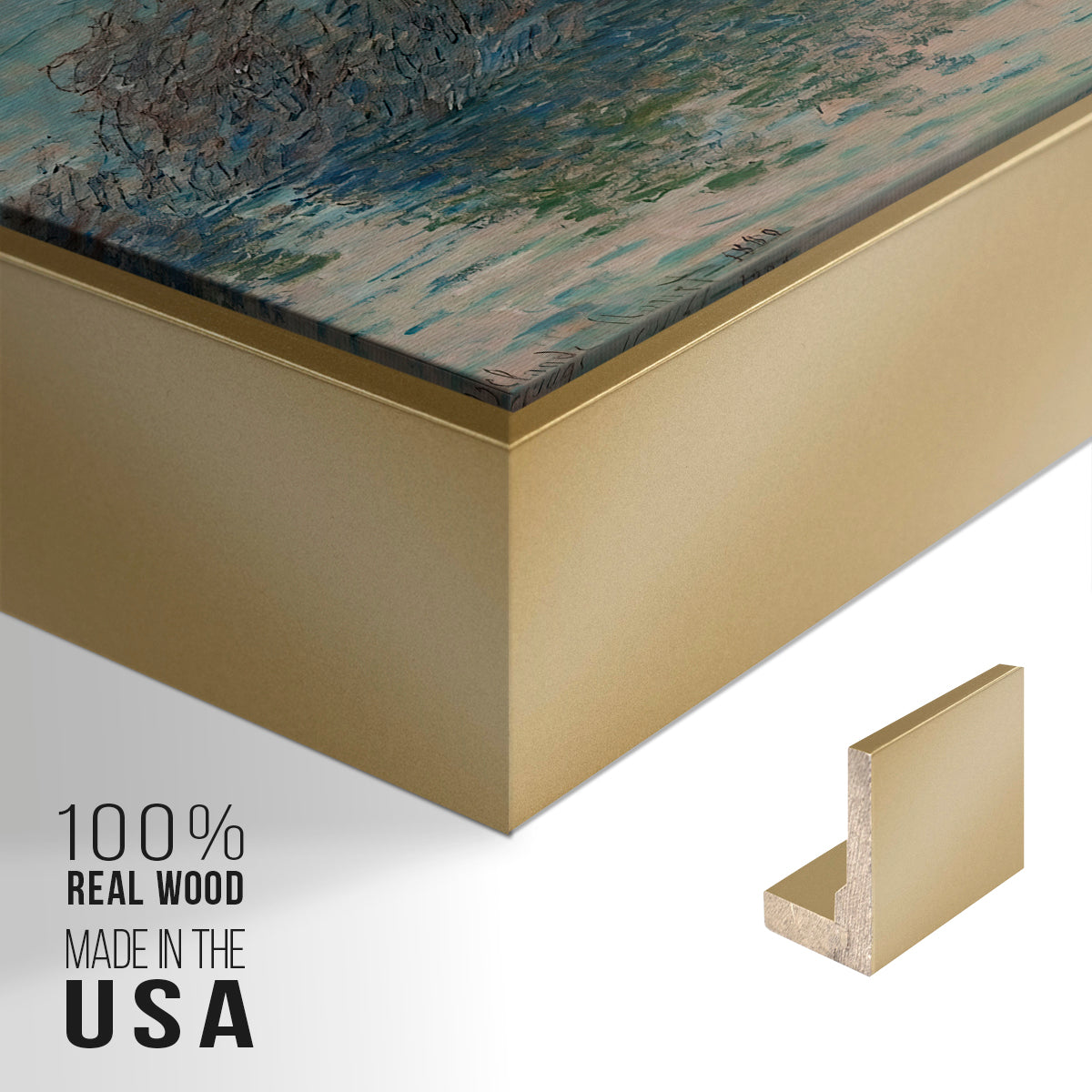 Close-up of the gold floater frame corner and gallery wrapped canvas construction.