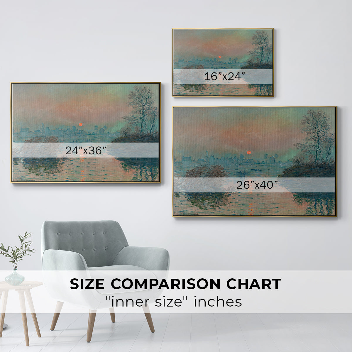 Size comparison chart for gold floater framed canvas featuring Sunset on the Seine at Lavacourt, Winter Effect, 1880 by Claude Monet.