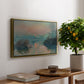 Sunset on the Seine at Lavacourt, Winter Effect, 1880 by Claude Monet, presented in a gold floater framed canvas featuring a glowing sunset over snowy river landscape with soft reflections, displayed above a hallway console table.