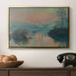 Sunset on the Seine at Lavacourt, Winter Effect, 1880 by Claude Monet in a gold floater framed canvas displayed above a console table in a hallway, featuring an atmospheric landscape combining cold tones and warm sky.