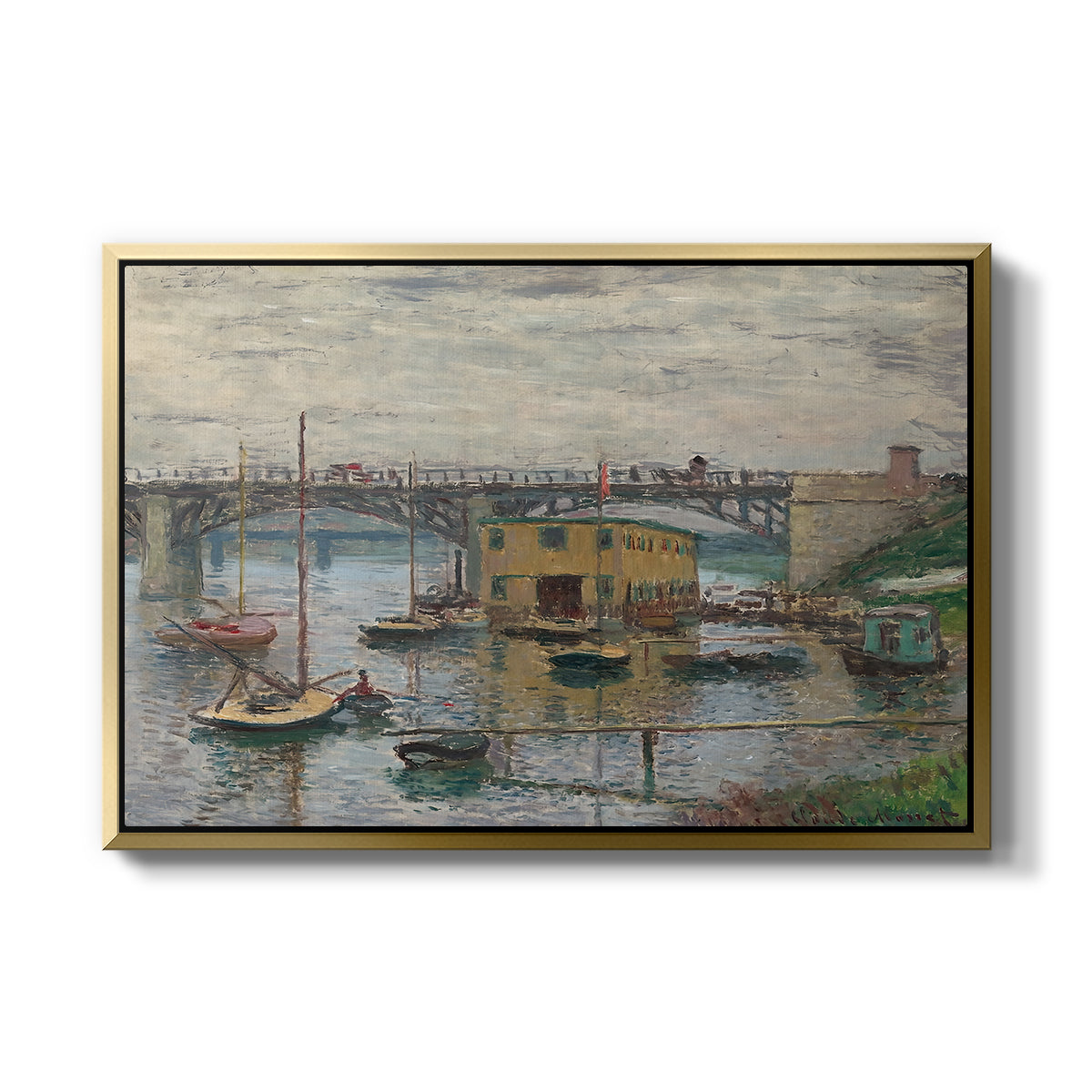 Bridge at Argenteuil on a Gray Day, c. 1876 by Claude Monet in a gold floater framed canvas wall art display.