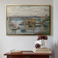 Gold floater framed canvas featuring Bridge at Argenteuil on a Gray Day, c. 1876 by Claude Monet above an entryway table in a minimalist foyer.