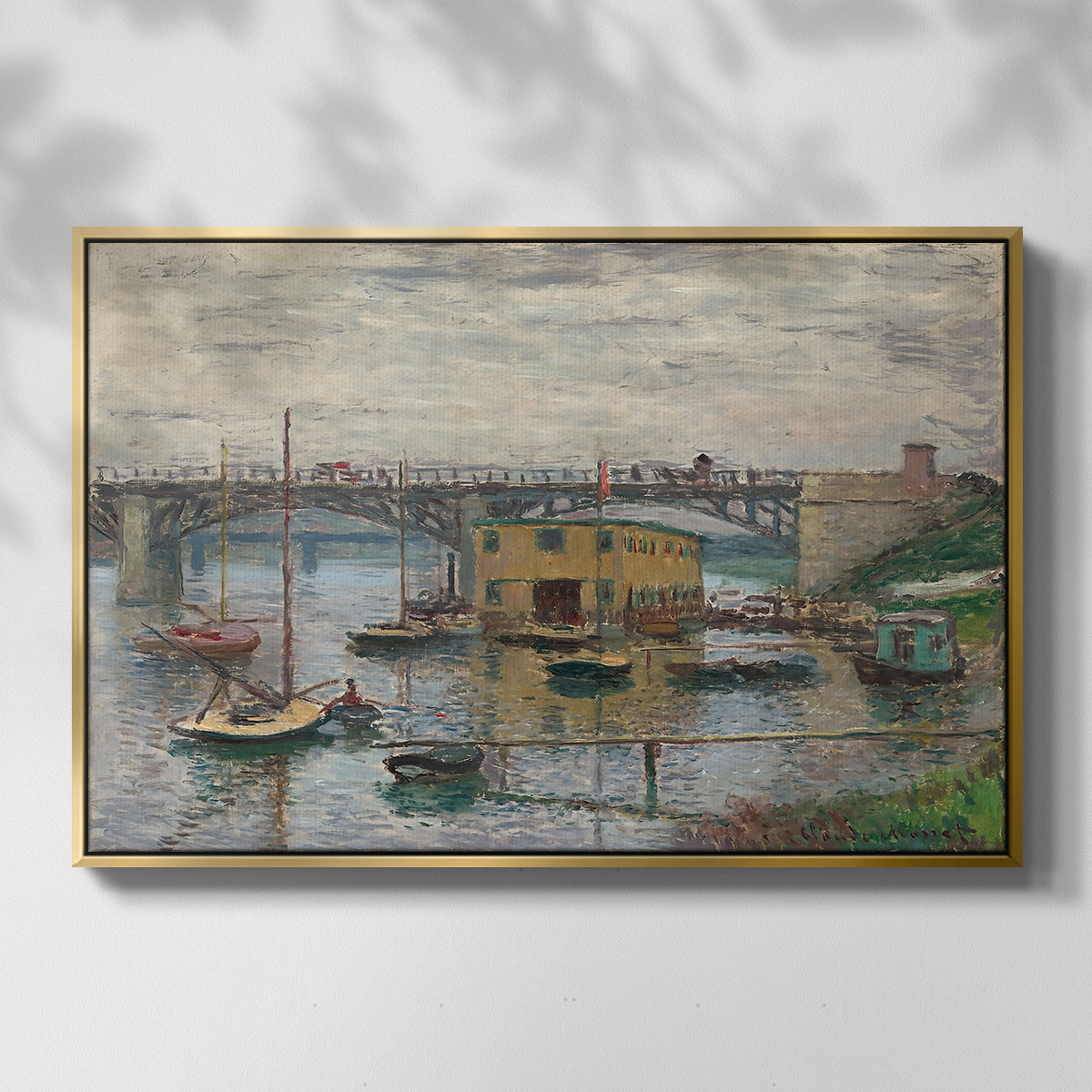 Front view of Bridge at Argenteuil on a Gray Day, c. 1876 by Claude Monet in a gold floater framed canvas.