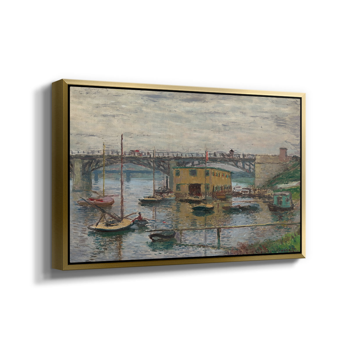 Angled view of Bridge at Argenteuil on a Gray Day, c. 1876 by Claude Monet in a gold floater framed canvas.