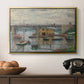 Bridge at Argenteuil on a Gray Day, c. 1876 by Claude Monet in a gold floater framed canvas displayed above a console table in a hallway, featuring a subdued urban landscape with structure spanning river.