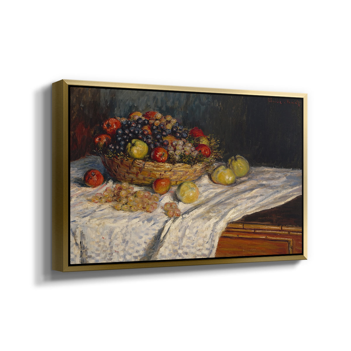 Angled view of Still Life with Apples and Grapes, 1880 by Claude Monet in a gold floater framed canvas.