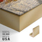 Close-up of the gold floater frame corner and gallery wrapped canvas construction.