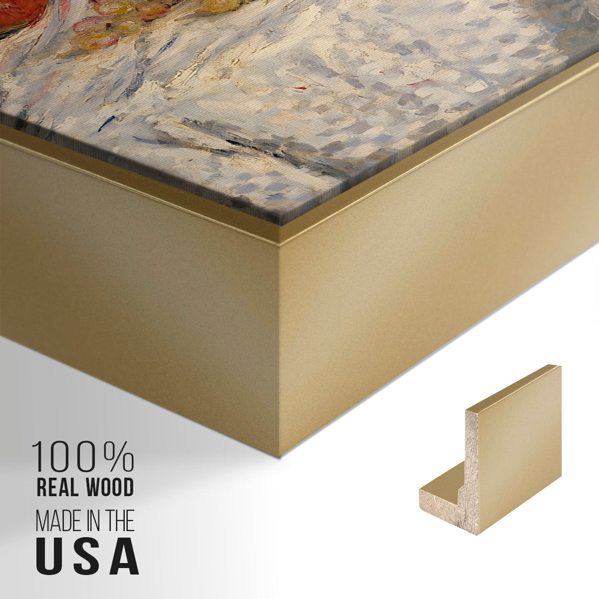 Close-up of the gold floater frame corner and gallery wrapped canvas construction.