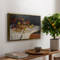 Still Life with Apples and Grapes, 1880 by Claude Monet, presented in a gold floater framed canvas featuring an arrangement of apples and grapes on table with soft natural light, displayed above a hallway console table.