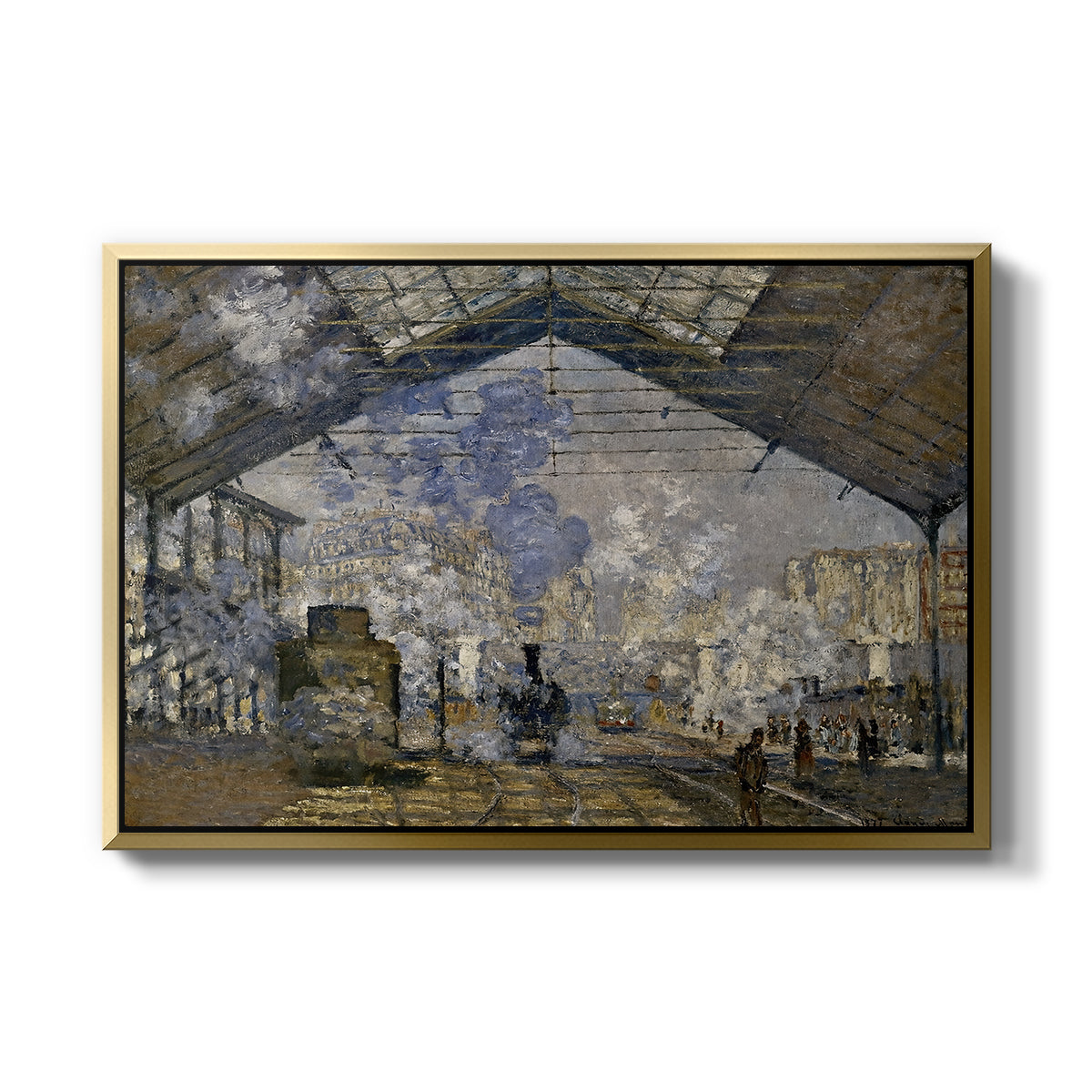 The Gare Saint-Lazare, 1877 by Claude Monet in a gold floater framed canvas wall art display.