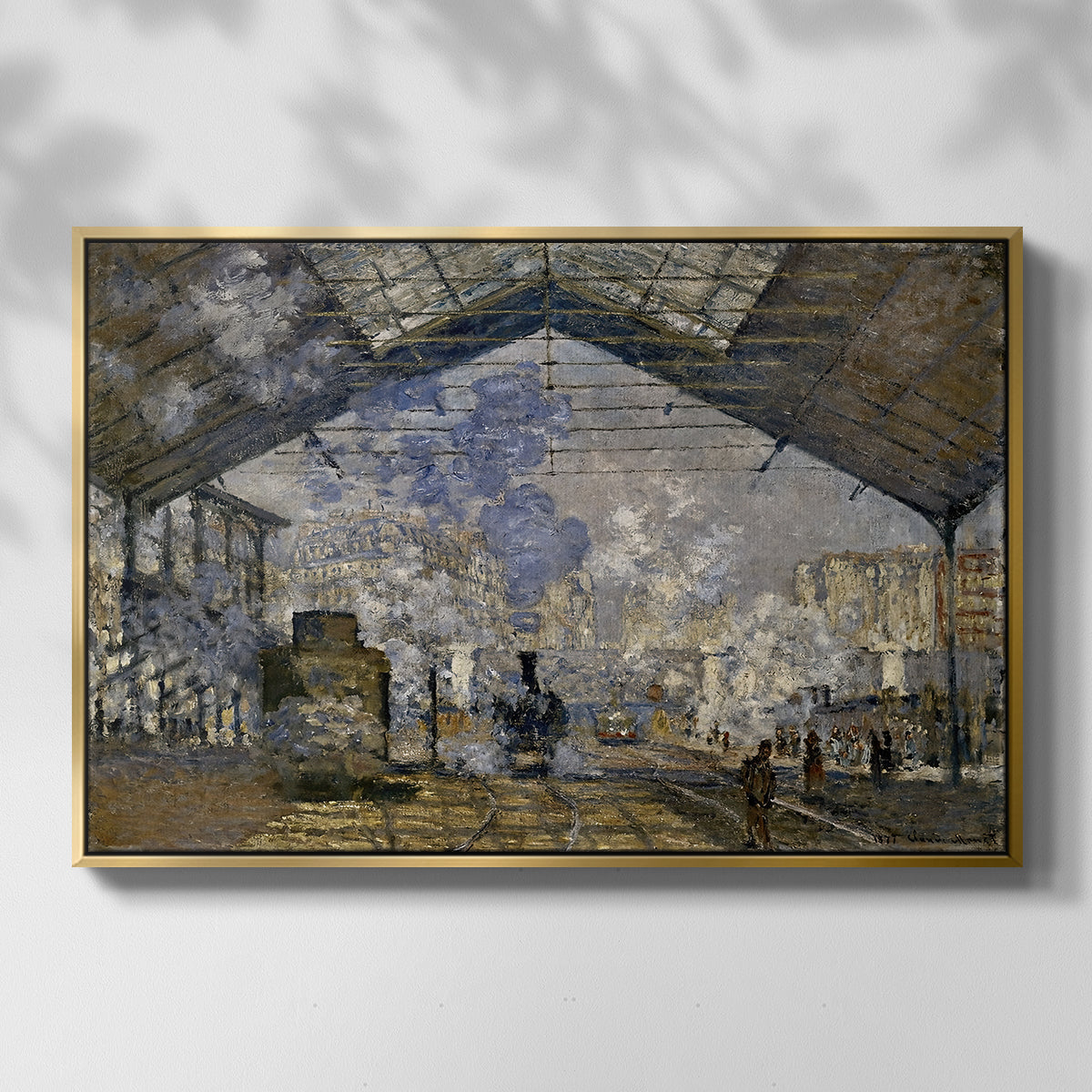 Front view of The Gare Saint-Lazare, 1877 by Claude Monet in a gold floater framed canvas.