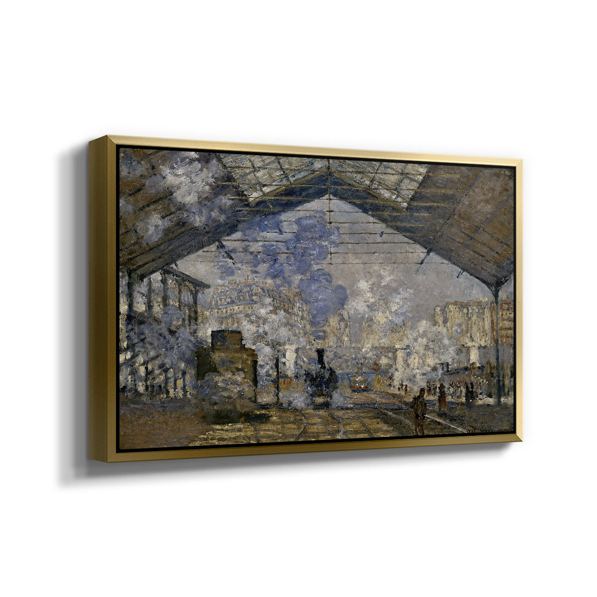 Angled view of The Gare Saint-Lazare, 1877 by Claude Monet in a gold floater framed canvas.