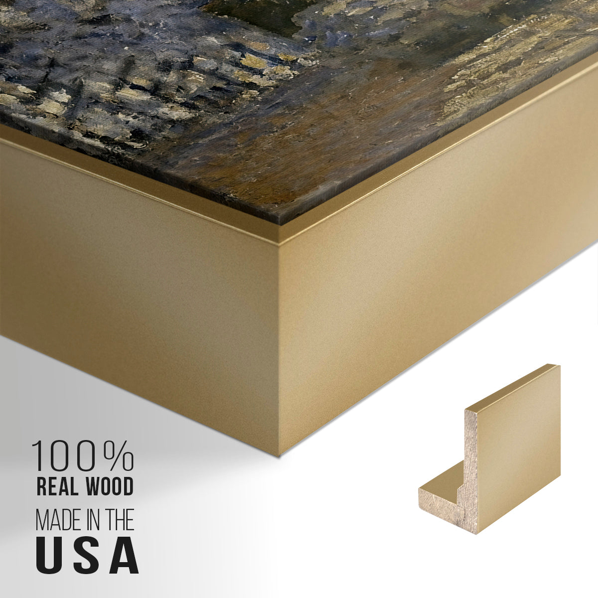 Close-up of the gold floater frame corner and gallery wrapped canvas construction.