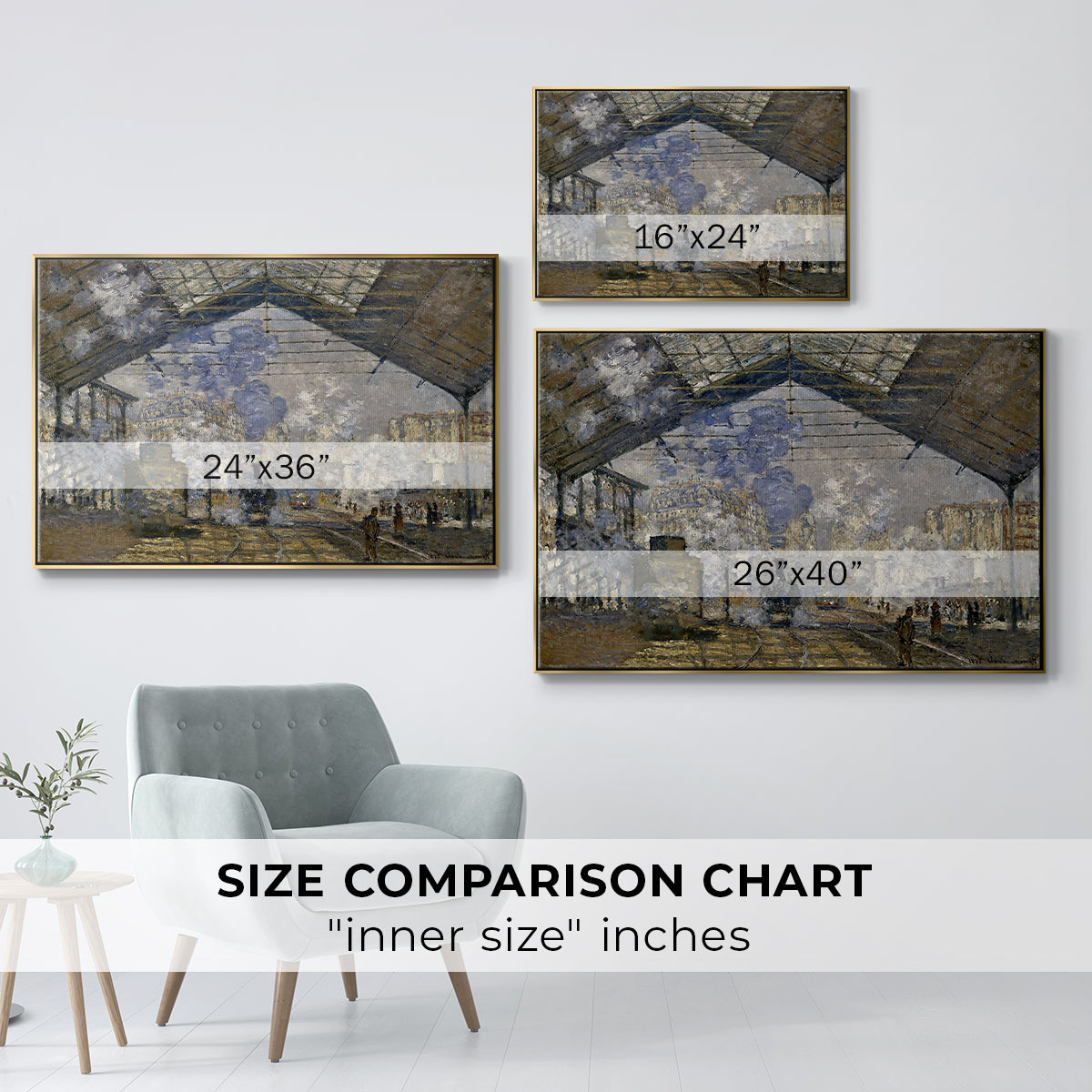 Size comparison chart for gold floater framed canvas featuring The Gare Saint-Lazare, 1877 by Claude Monet.