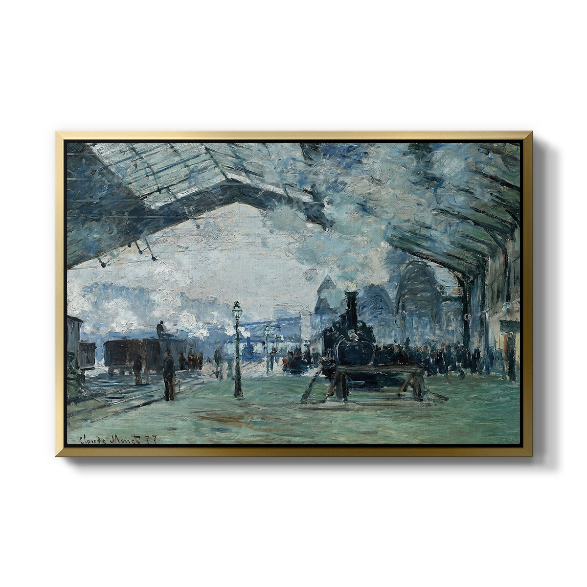 The Saint-Lazare Station, 1877 by Claude Monet in a gold floater framed canvas wall art display.
