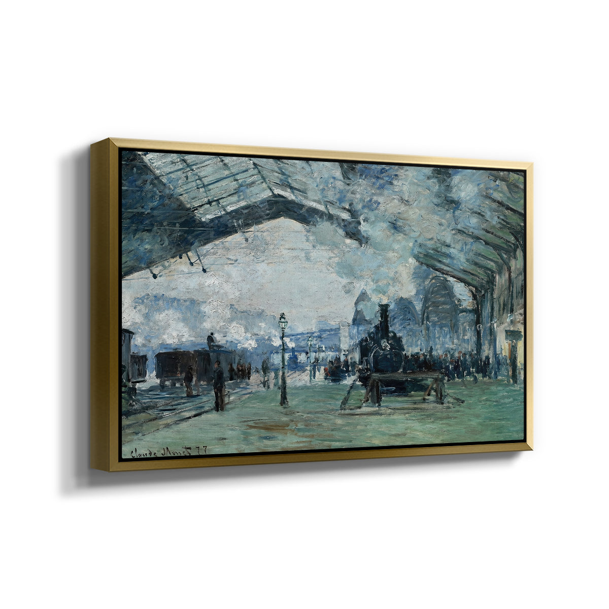Angled view of The Saint-Lazare Station, 1877 by Claude Monet in a gold floater framed canvas.