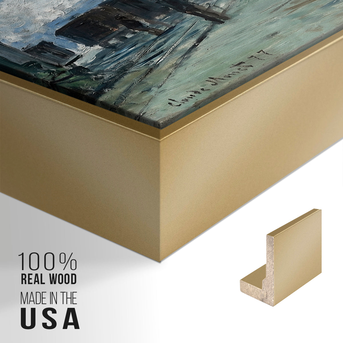 Close-up of the gold floater frame corner and gallery wrapped canvas construction.