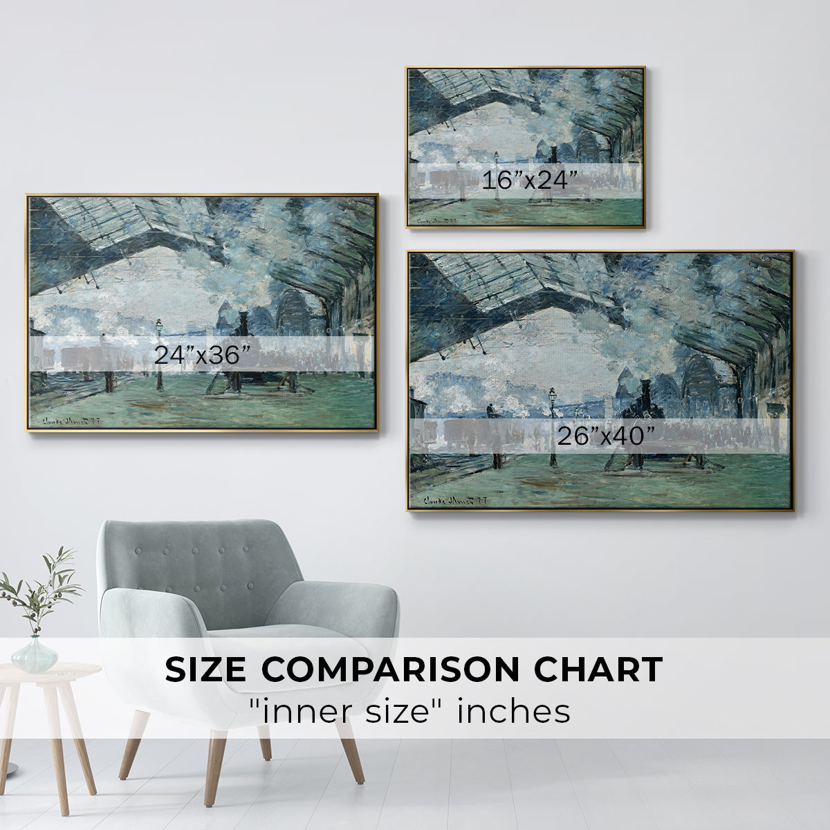 Size comparison chart for gold floater framed canvas featuring The Saint-Lazare Station, 1877 by Claude Monet.