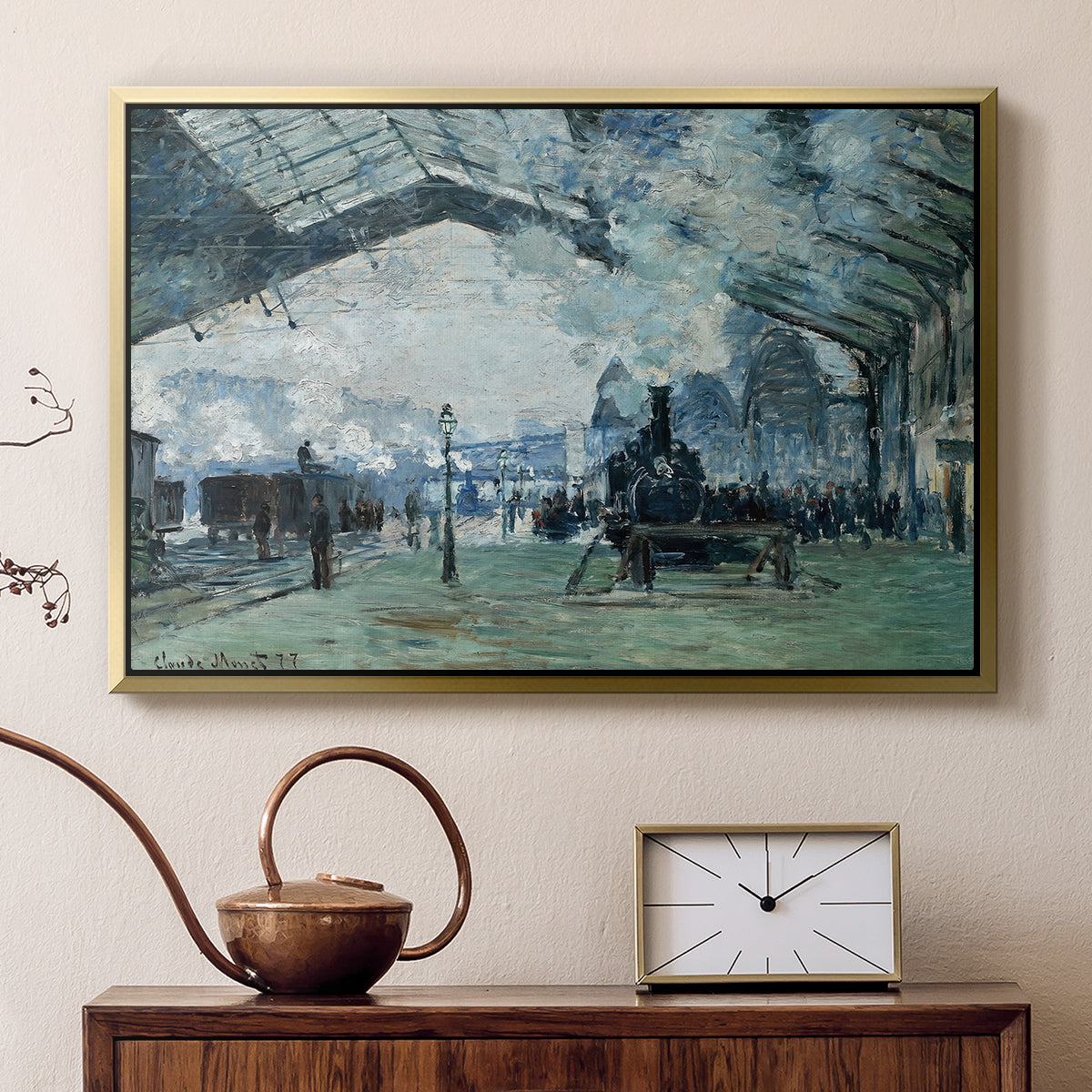 Gold floater framed canvas featuring an interior view of station filled with movement and smoke, displayed above a cabinet in a soft-toned living room.