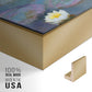 Close-up of the gold floater frame corner and gallery wrapped canvas construction.