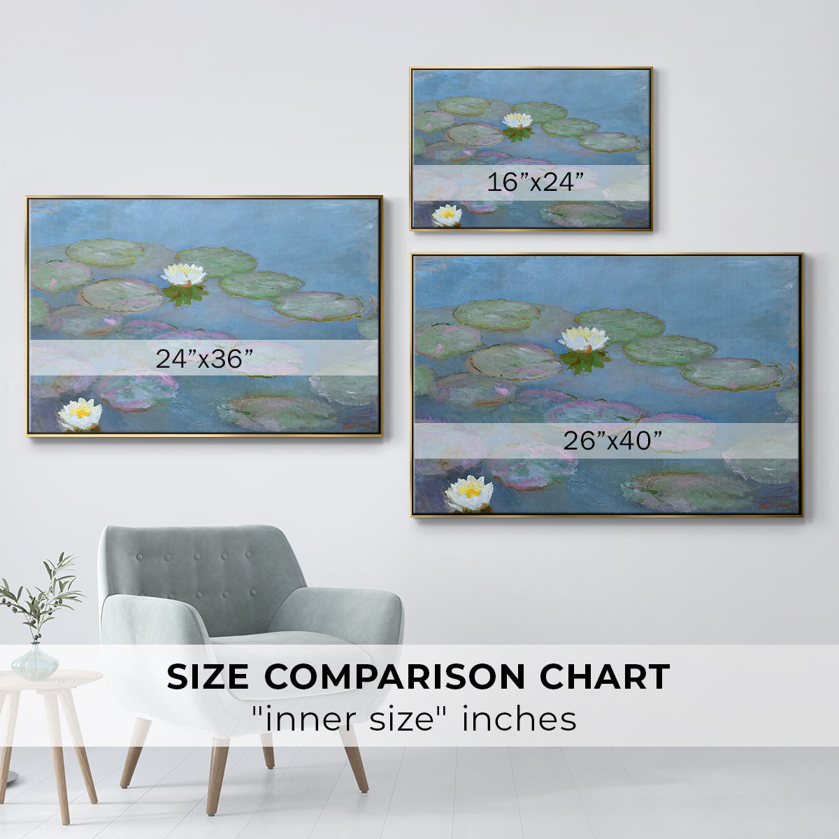 Size comparison chart for gold floater framed canvas featuring Water Lilies (Nymphéas), 1897-1899 by Claude Monet.