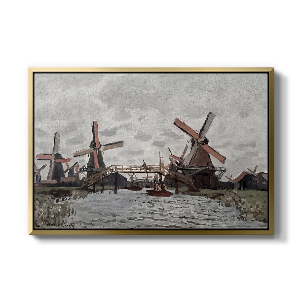Windmills near Zaandam, 1871 by Claude Monet in a gold floater framed canvas wall art display.