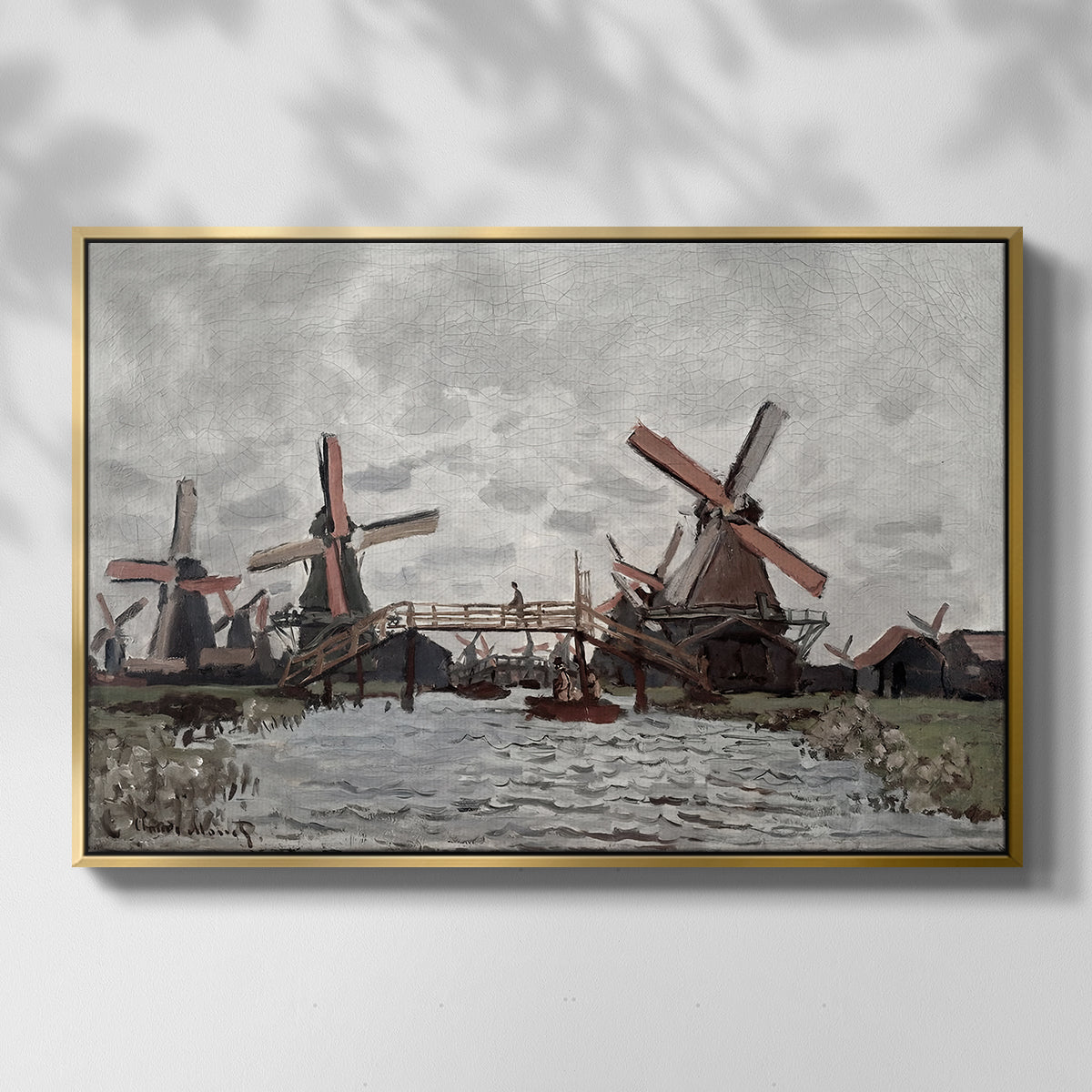 Front view of Windmills near Zaandam, 1871 by Claude Monet in a gold floater framed canvas.