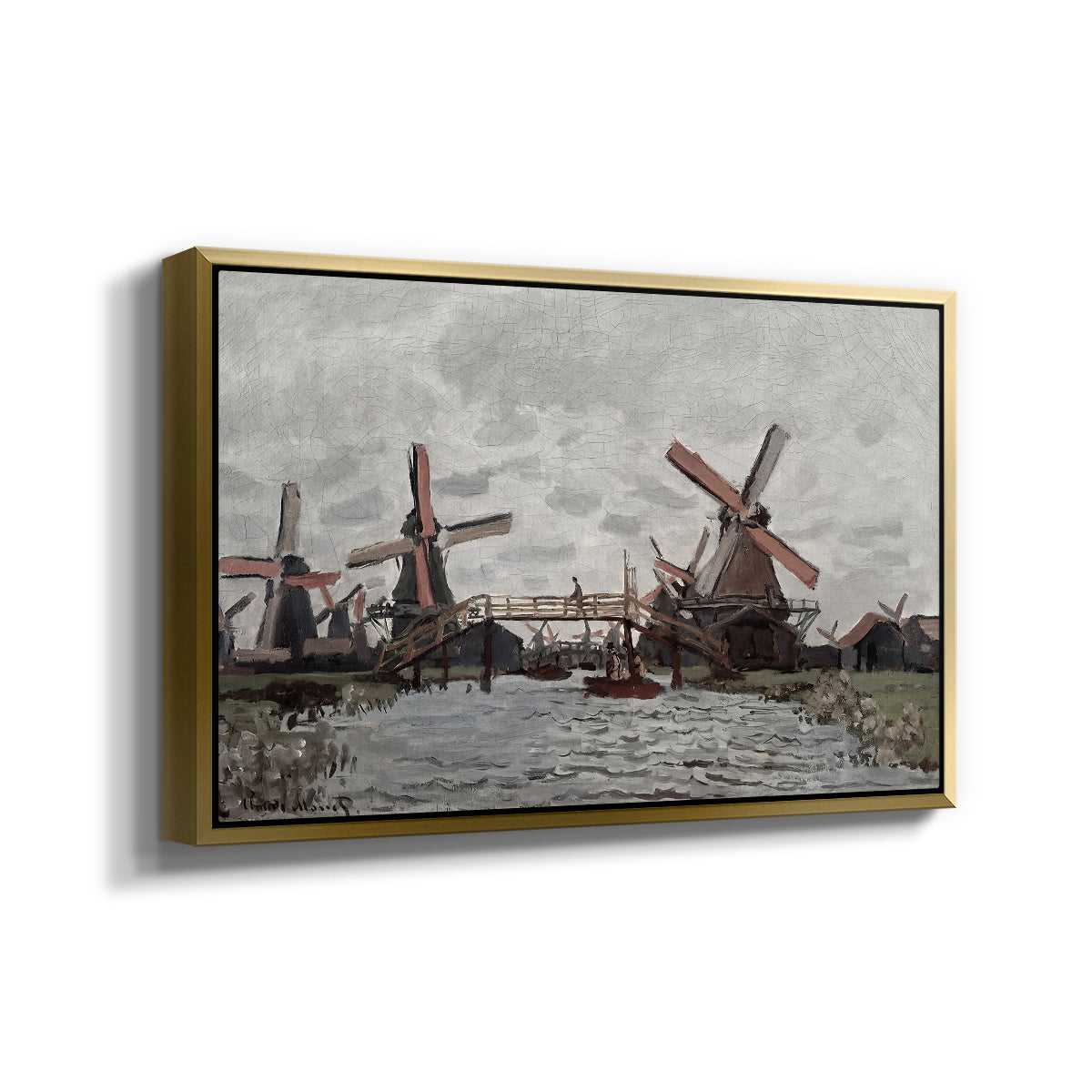 Angled view of Windmills near Zaandam, 1871 by Claude Monet in a gold floater framed canvas.