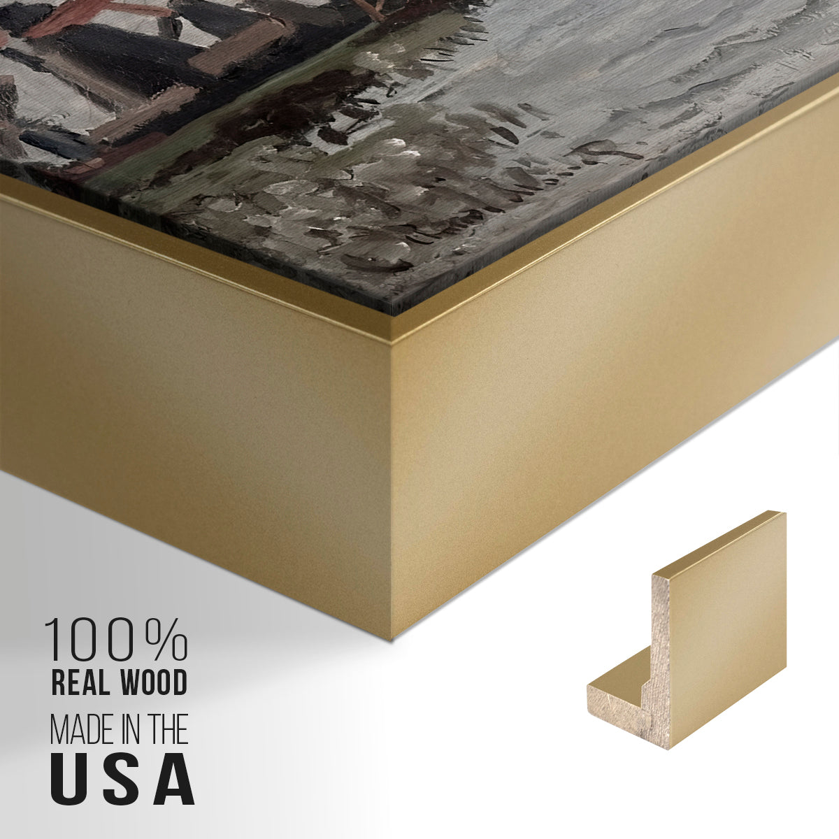 Close-up of the gold floater frame corner and gallery wrapped canvas construction.