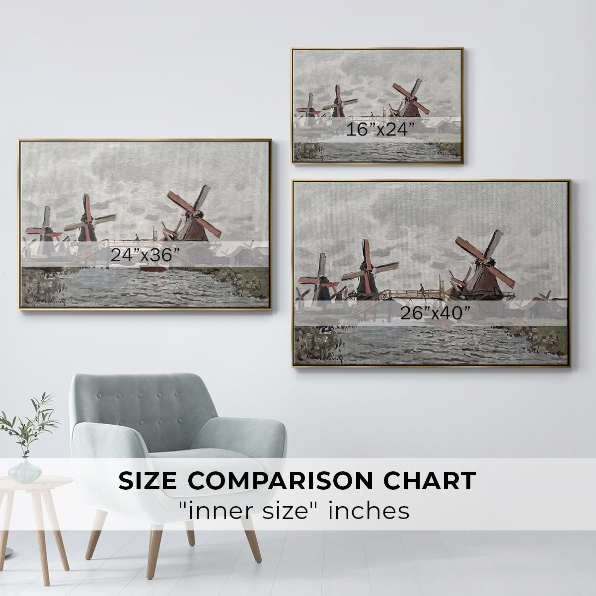 Size comparison chart for gold floater framed canvas featuring Windmills near Zaandam, 1871 by Claude Monet.