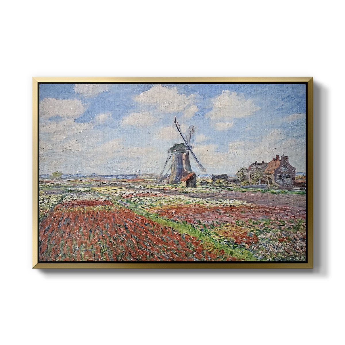Tulip Fields with the Rijnsburg Windmill, 1886 by Claude Monet in a gold floater framed canvas wall art display.