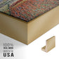 Close-up of the gold floater frame corner and gallery wrapped canvas construction.