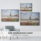 Size comparison chart for gold floater framed canvas featuring Tulip Fields with the Rijnsburg Windmill, 1886 by Claude Monet.