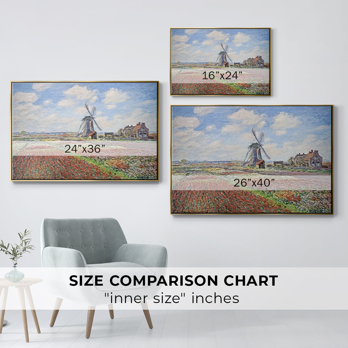 Size comparison chart for gold floater framed canvas featuring Tulip Fields with the Rijnsburg Windmill, 1886 by Claude Monet.