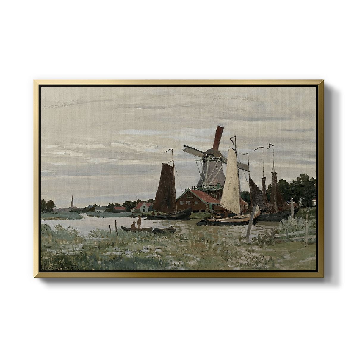 Windmill at Zaandam, 1871 by Claude Monet in a gold floater framed canvas wall art display.