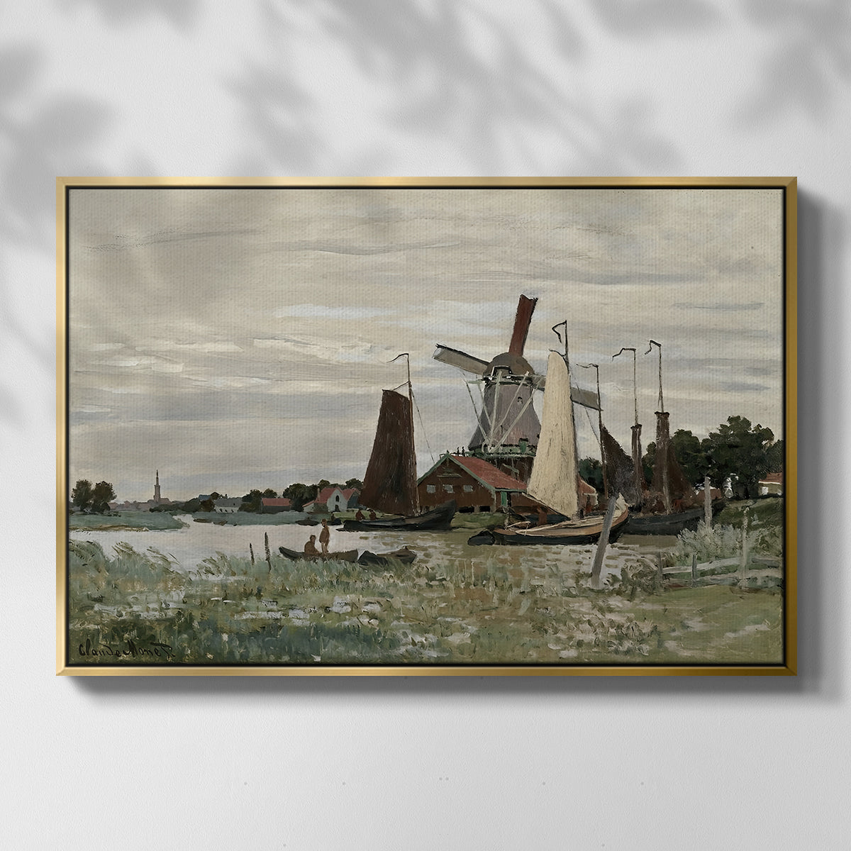 Front view of Windmill at Zaandam, 1871 by Claude Monet in a gold floater framed canvas.