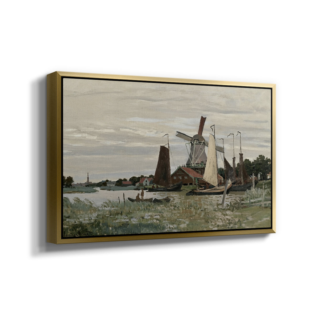 Angled view of Windmill at Zaandam, 1871 by Claude Monet in a gold floater framed canvas.