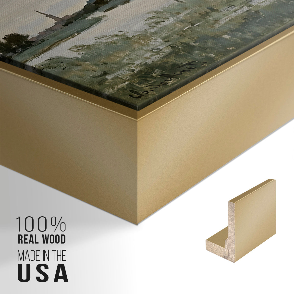 Close-up of the gold floater frame corner and gallery wrapped canvas construction.