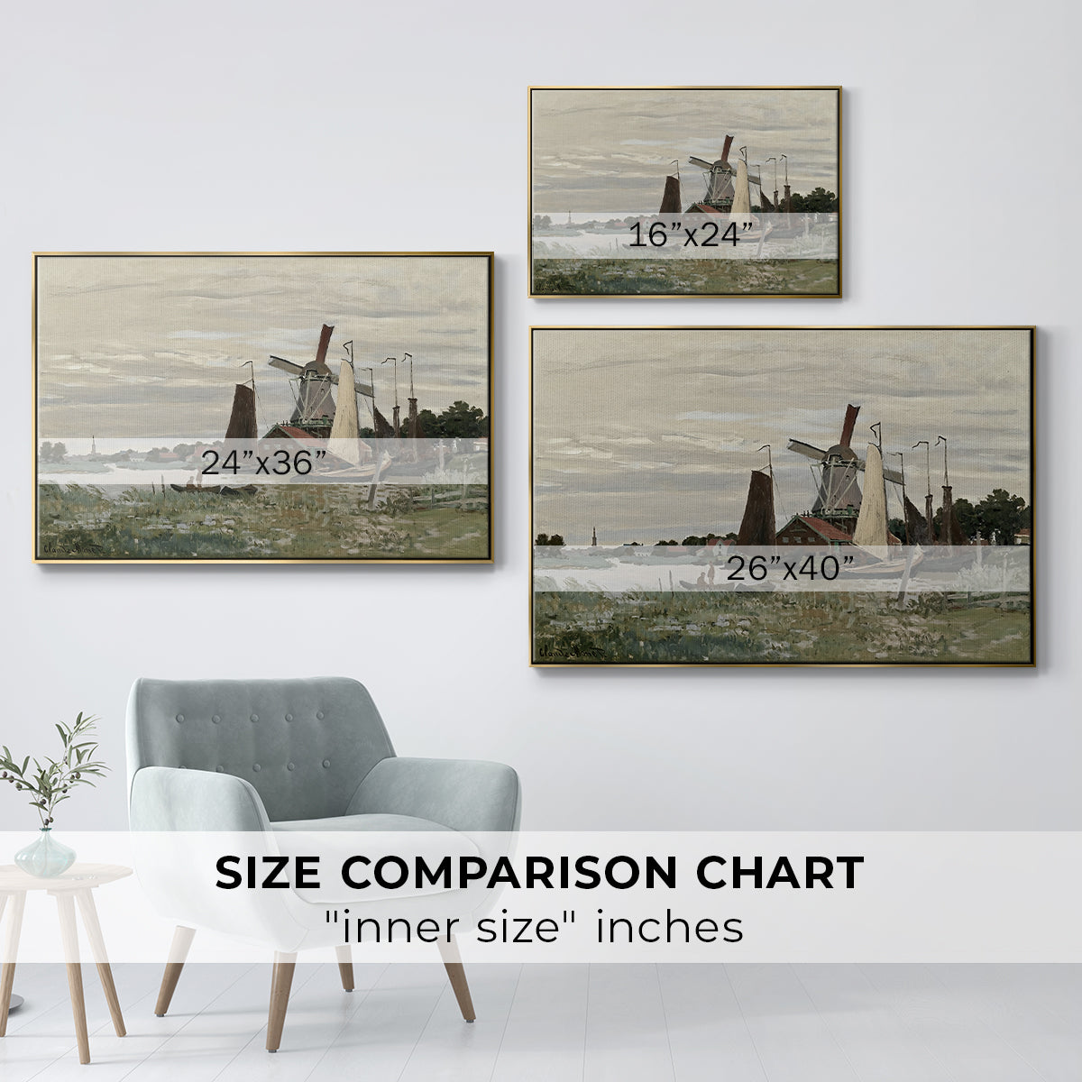 Size comparison chart for gold floater framed canvas featuring Windmill at Zaandam, 1871 by Claude Monet.