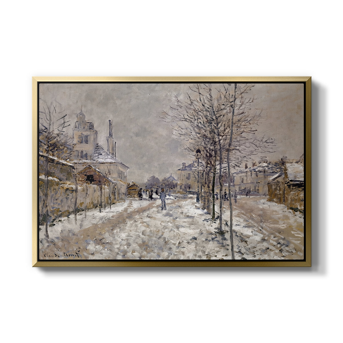 The Boulevard de Pontoise at Argenteuil, Snow Effect, 1875 by Claude Monet in a gold floater framed canvas wall art display.